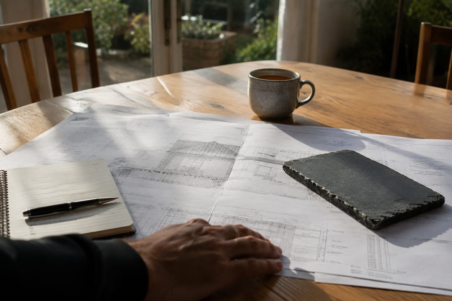 Roof plans and a slate sample laid out on a homeowner's table