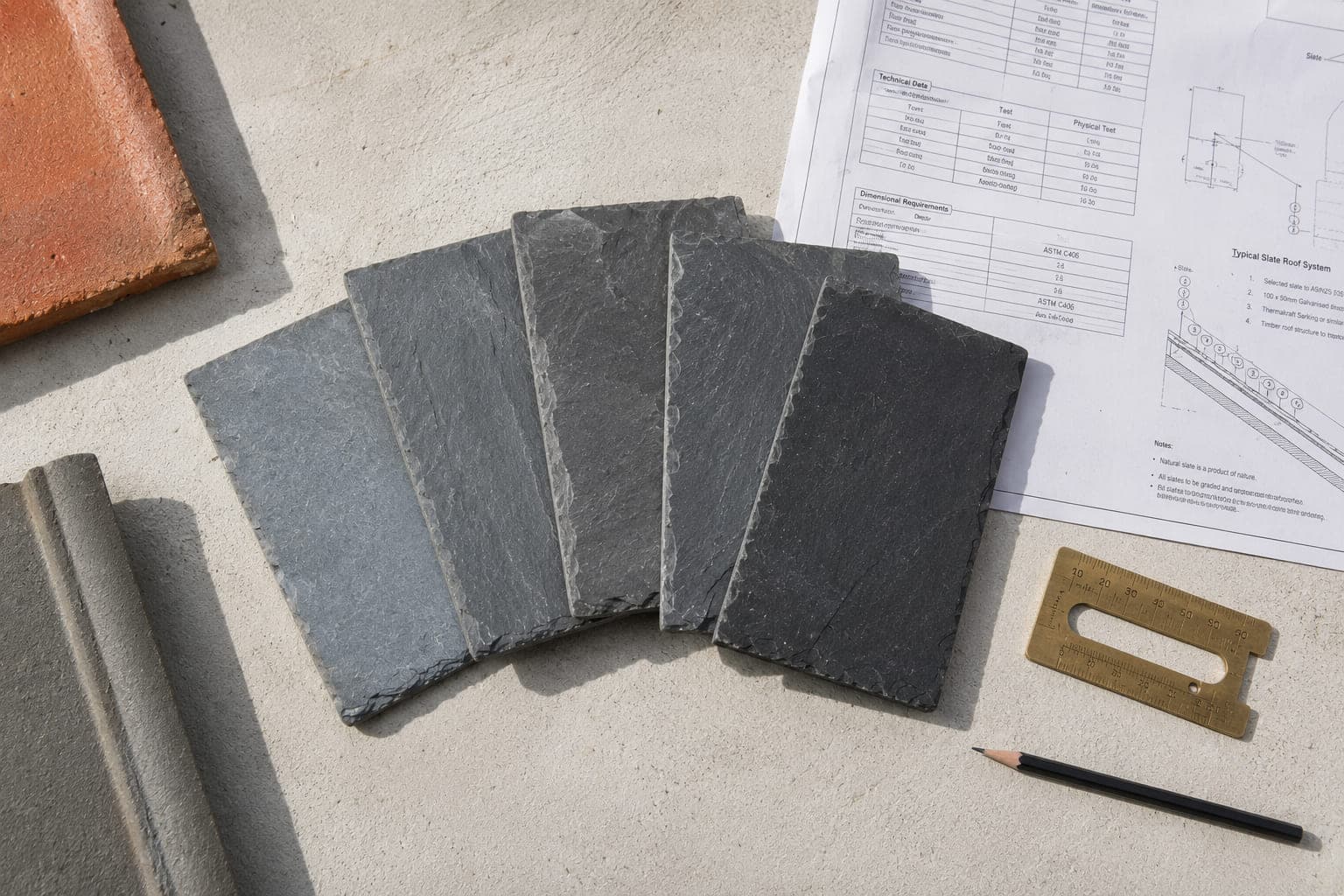 Natural slate tile samples fanned out beside a technical specification sheet