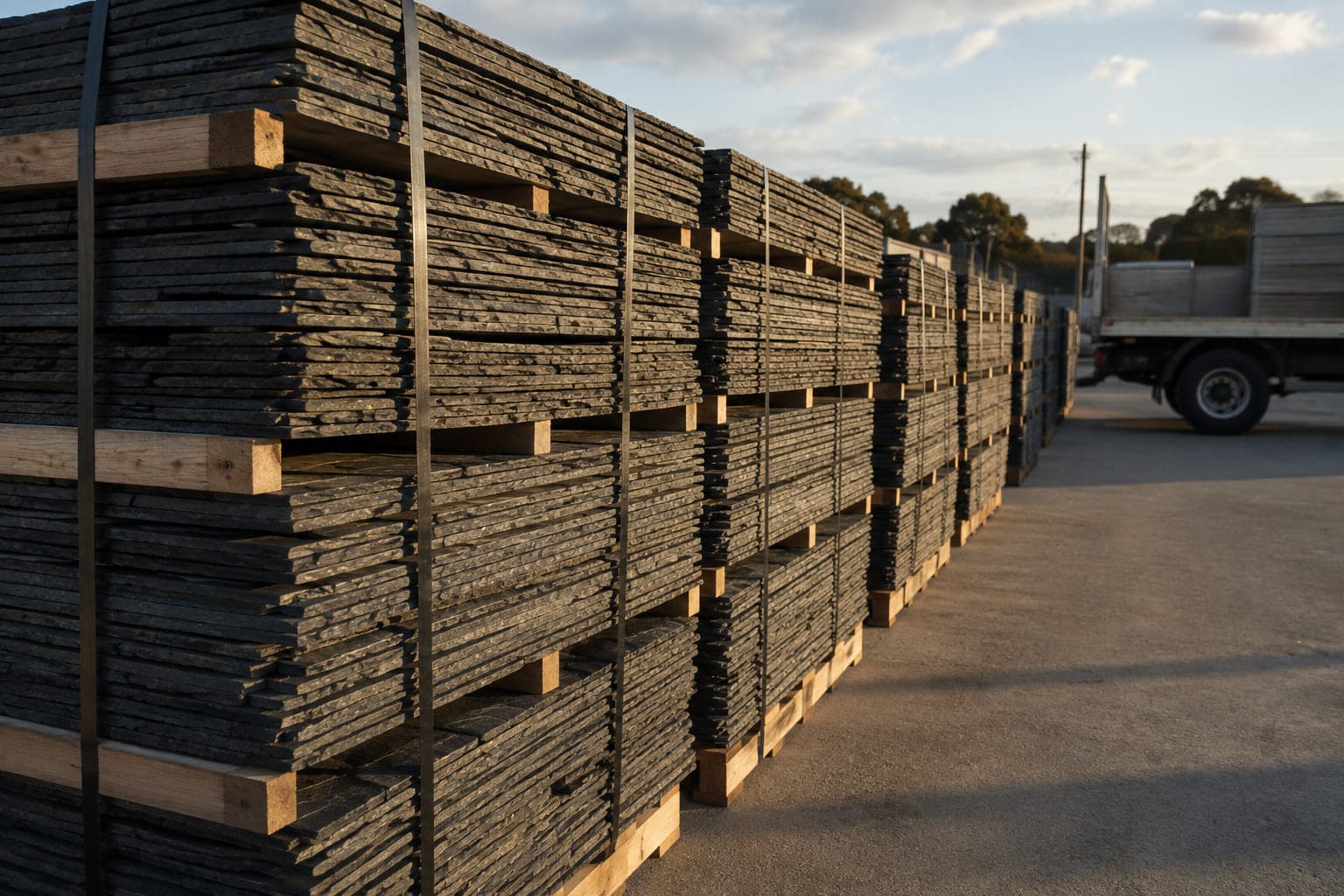 Pallets of natural slate stacked in a supply yard beside a delivery truck