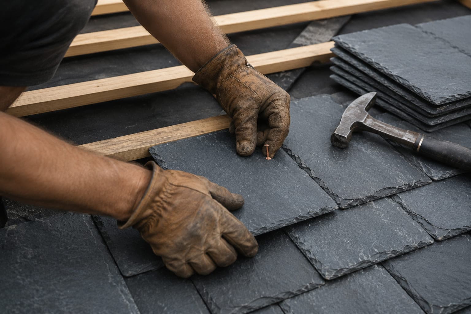 Gloved hands setting a natural slate tile onto a timber batten
