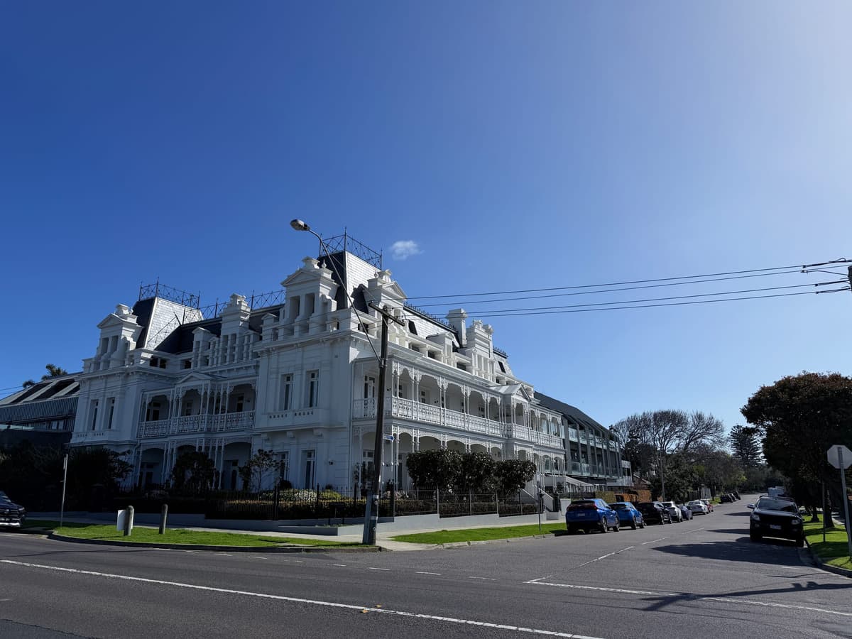 The Beaumaris Hotel from across the street, slate roofs along the full frontage