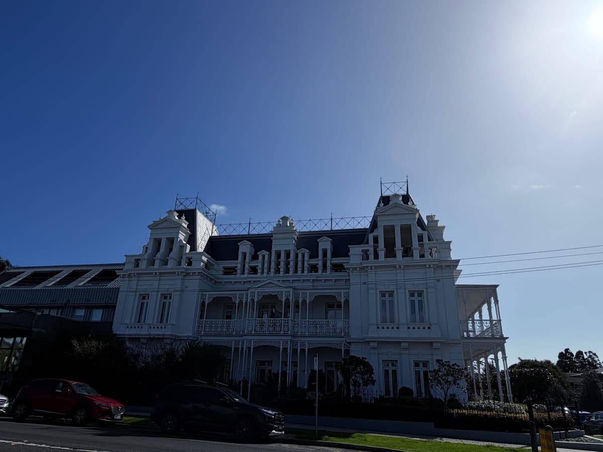 The Beaumaris Hotel slate roofline against the afternoon sun