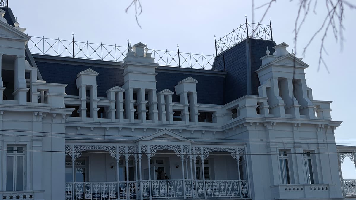 Slate mansard roofs and dormers along the upper storey