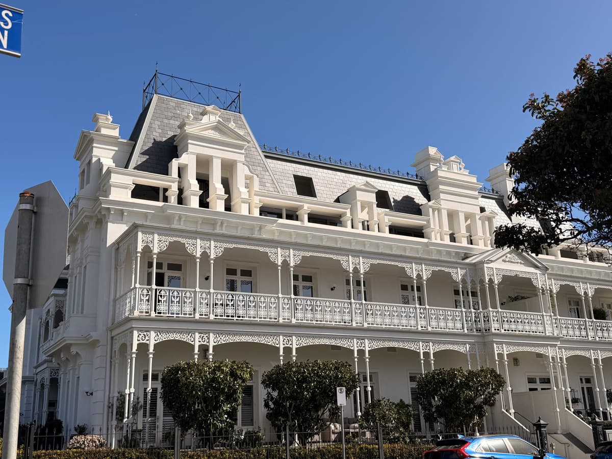 Beaumaris Hotel frontage with its slate roof and central tower